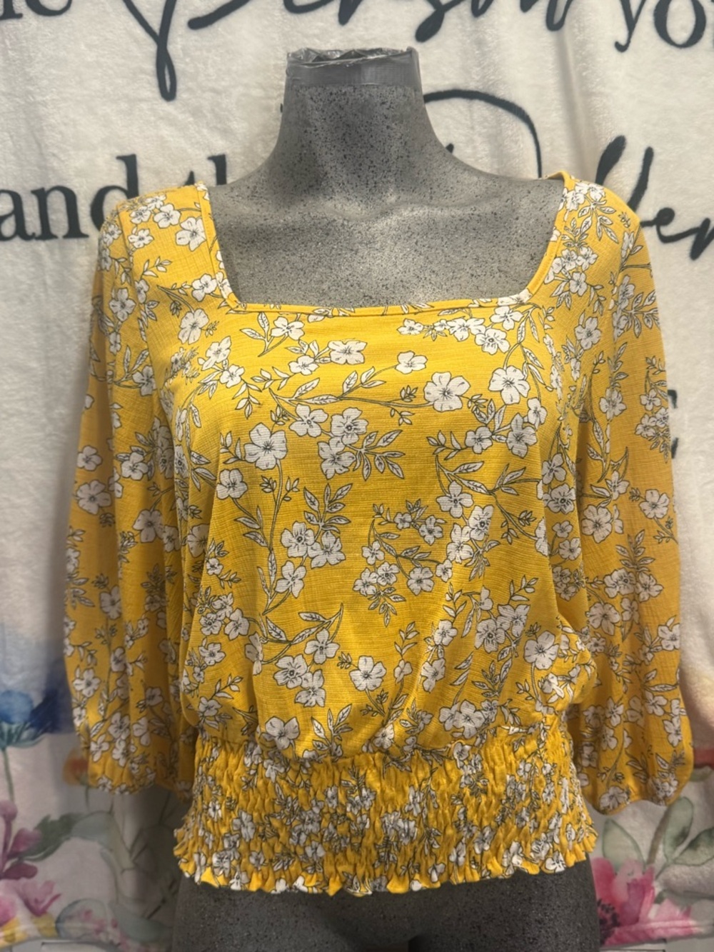 Yellow Multicolor Floral 3/4 Sleeve Elastic Waist Top XL by Parallel Skies